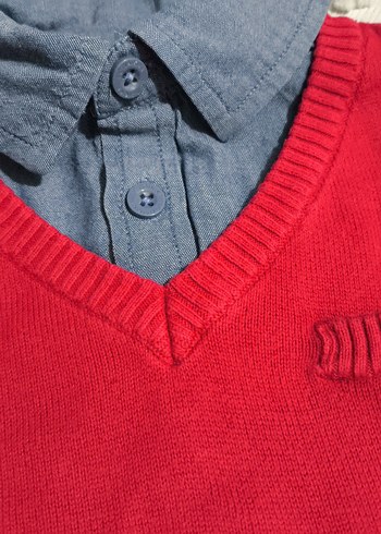 Erkek çocuk  Kırmızı V Yaka Örgü Kazak - Görsel 3