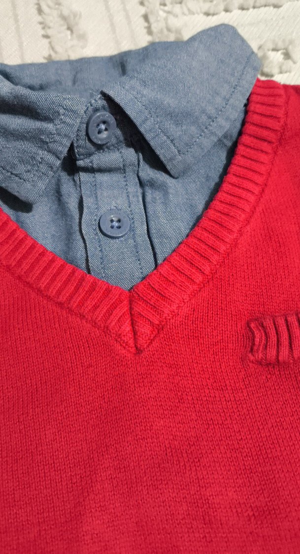 Erkek çocuk  Kırmızı V Yaka Örgü Kazak - Görsel 3
