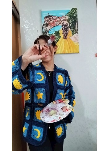 Renkli van gogh Örgü Hırka
