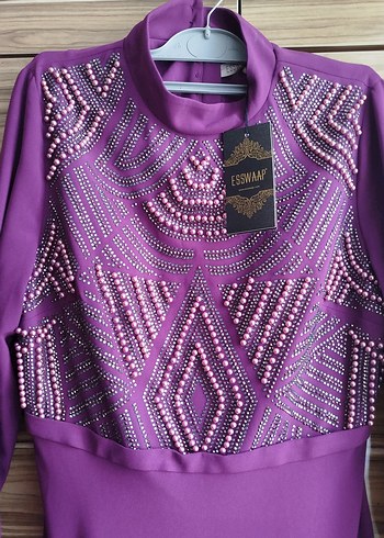 Uzun Mor Boncuk İşlemeli Tesettür Abiye Elbise - Görsel 10