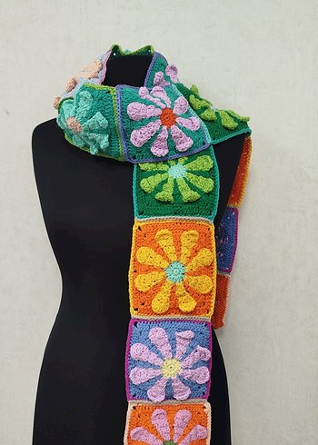 Papatya Desenli Renkli Örgü Kadın atkı - Görsel 3