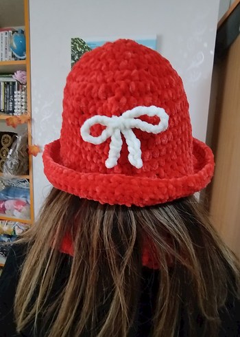 Kırmızı Örgü Kadın Atkı şapka seti - Görsel 3