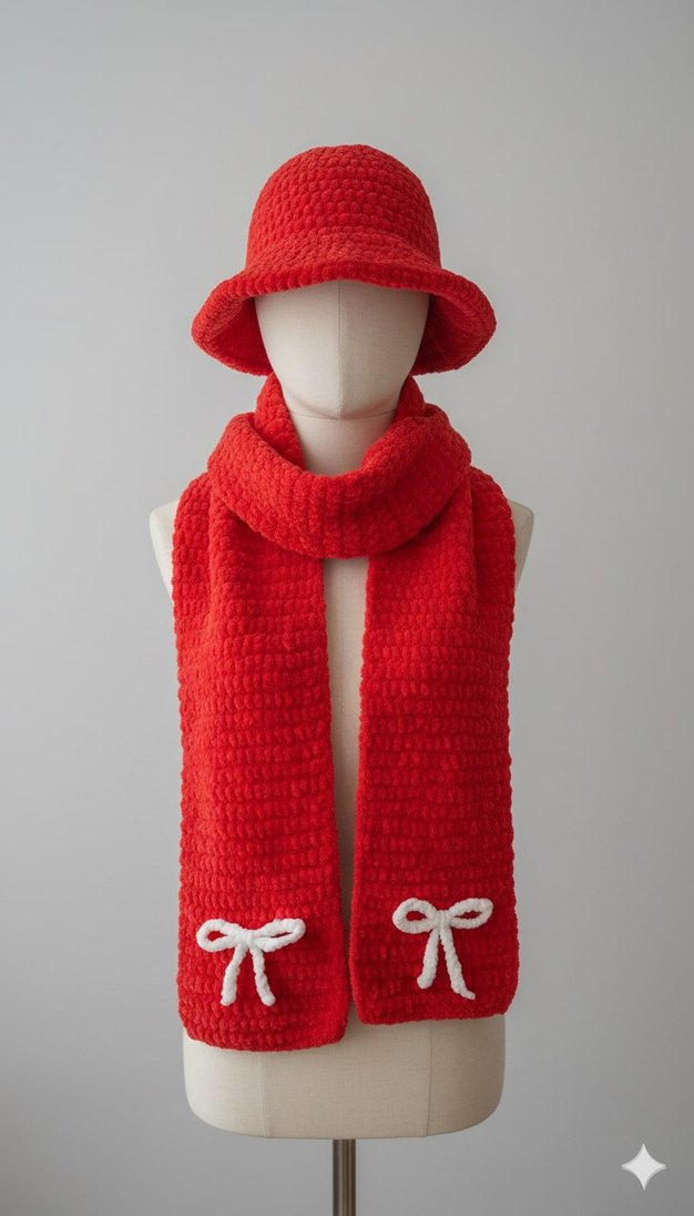 Kırmızı Örgü Kadın Atkı şapka seti - Görsel 2