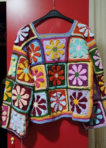 Renkli papatya Desenli Bohem Örgü Kazak - Görsel 5