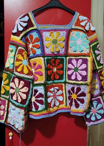 Renkli papatya Desenli Bohem Örgü Kazak - Görsel 4