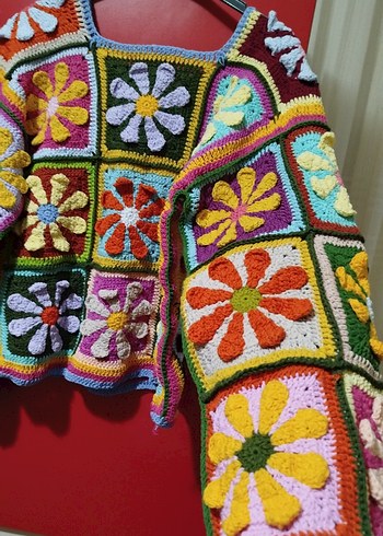 Renkli papatya Desenli Bohem Örgü Kazak - Görsel 3