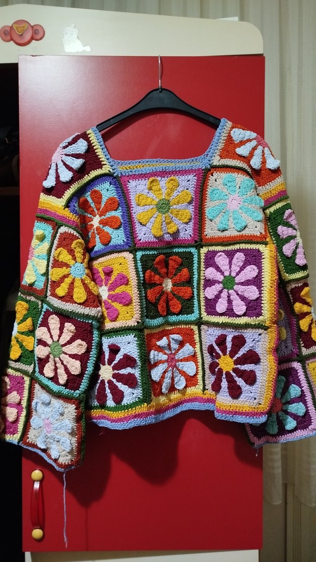 Renkli papatya Desenli Bohem Örgü Kazak - Görsel 5