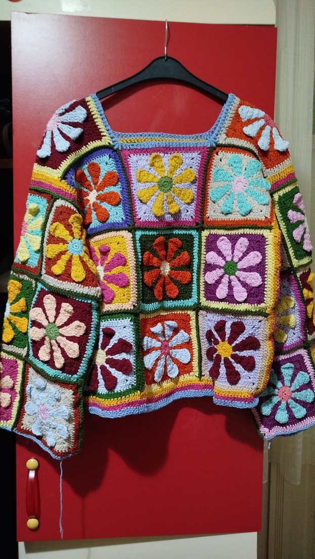 Renkli papatya Desenli Bohem Örgü Kazak - Görsel 4