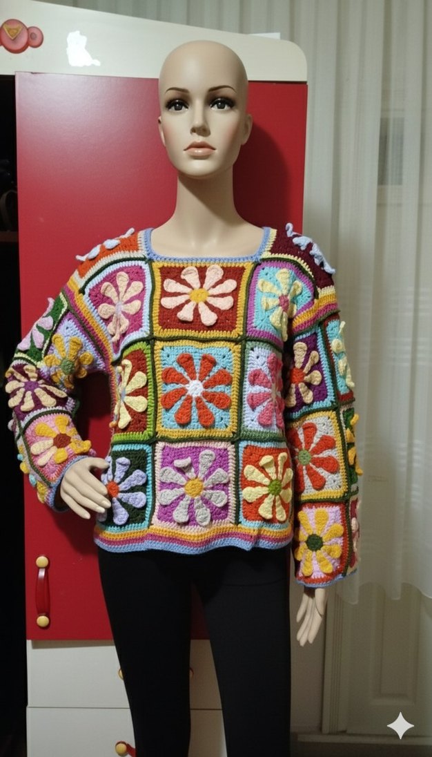 Renkli papatya Desenli Bohem Örgü Kazak - Görsel 2