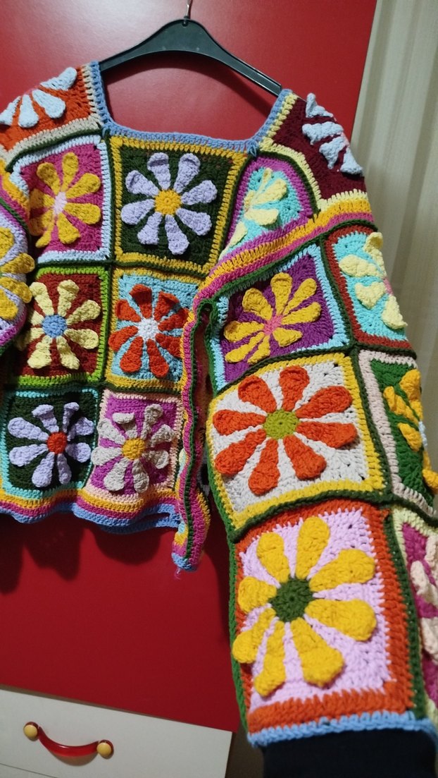 Renkli papatya Desenli Bohem Örgü Kazak - Görsel 3