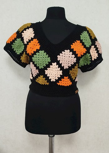 Bohem Çok Renkli V Ya^ka Kısa Örgü Kazak - Görsel 3