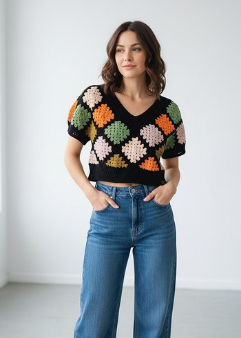 Bohem Çok Renkli V Ya^ka Kısa Örgü Kazak - Görsel 2