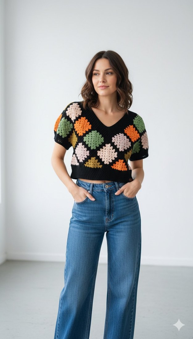 Bohem Çok Renkli V Ya^ka Kısa Örgü Kazak - Görsel 2