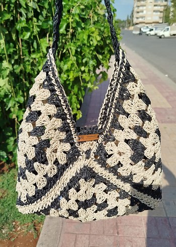 Siyah krem Örgü Bohem Kadın Çanta
