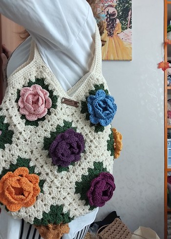 Çiçek Desenli Örgü Bohem Kadın Çantası