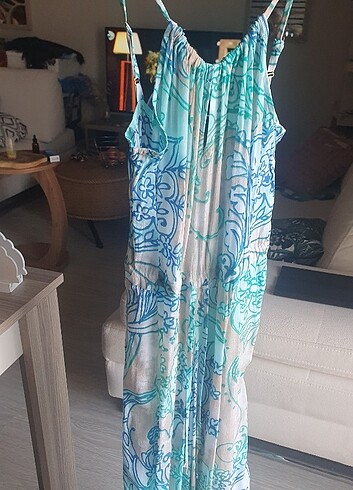 m Beden Mavi yeşil desenli tulum