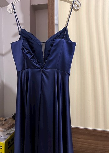 Lacivert Drapeli İnce Askılı Uzun Abiye - Görsel 2