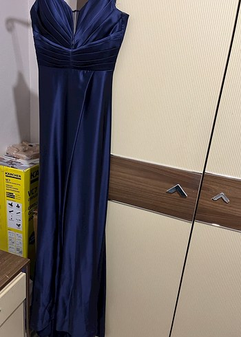 Lacivert Drapeli İnce Askılı Uzun Abiye - Görsel 3