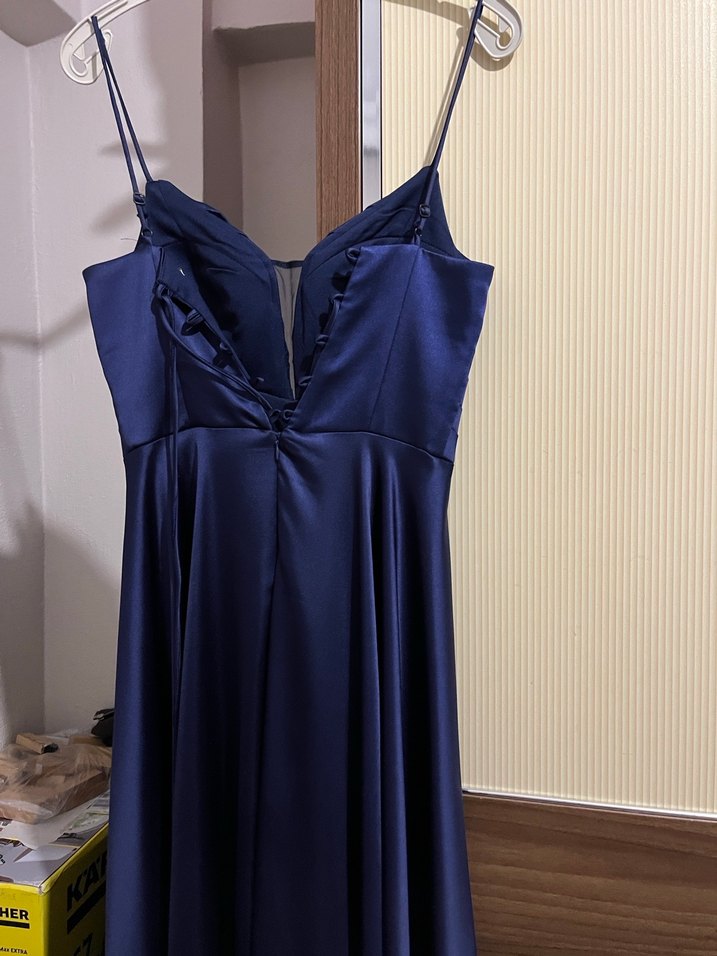 Lacivert Drapeli İnce Askılı Uzun Abiye - Görsel 2