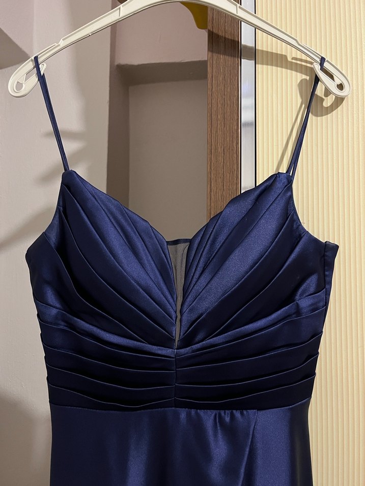 Lacivert Drapeli İnce Askılı Uzun Abiye - Görsel 4