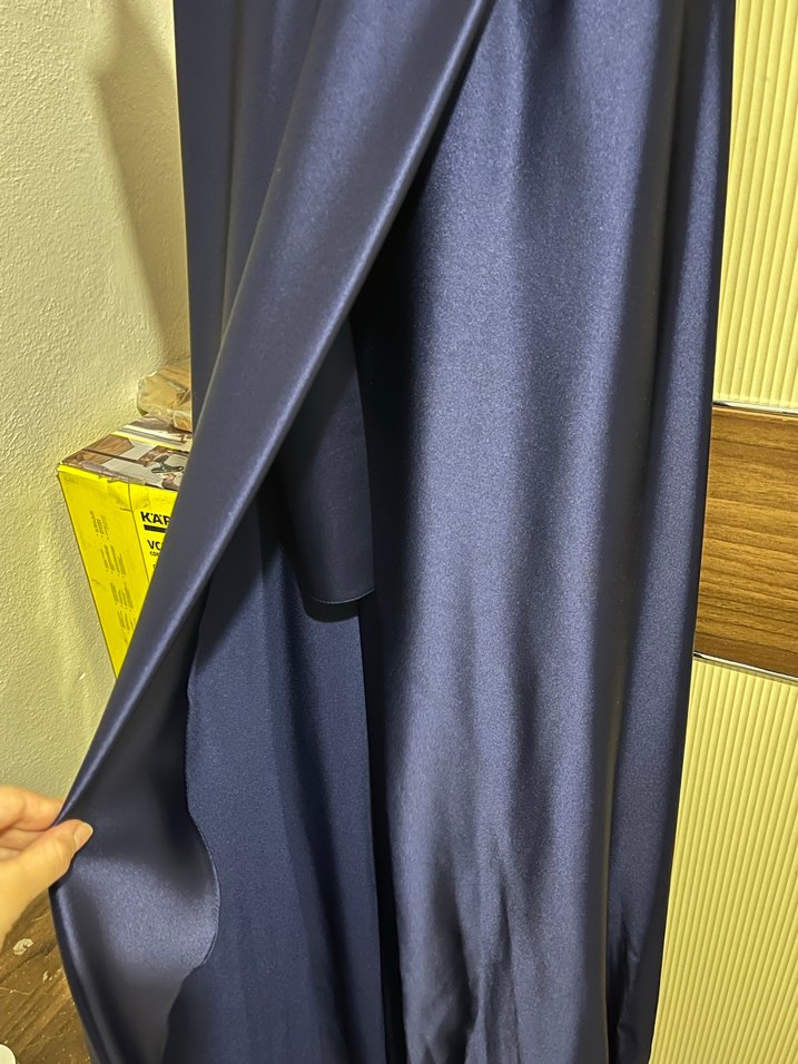 Lacivert Drapeli İnce Askılı Uzun Abiye - Görsel 5