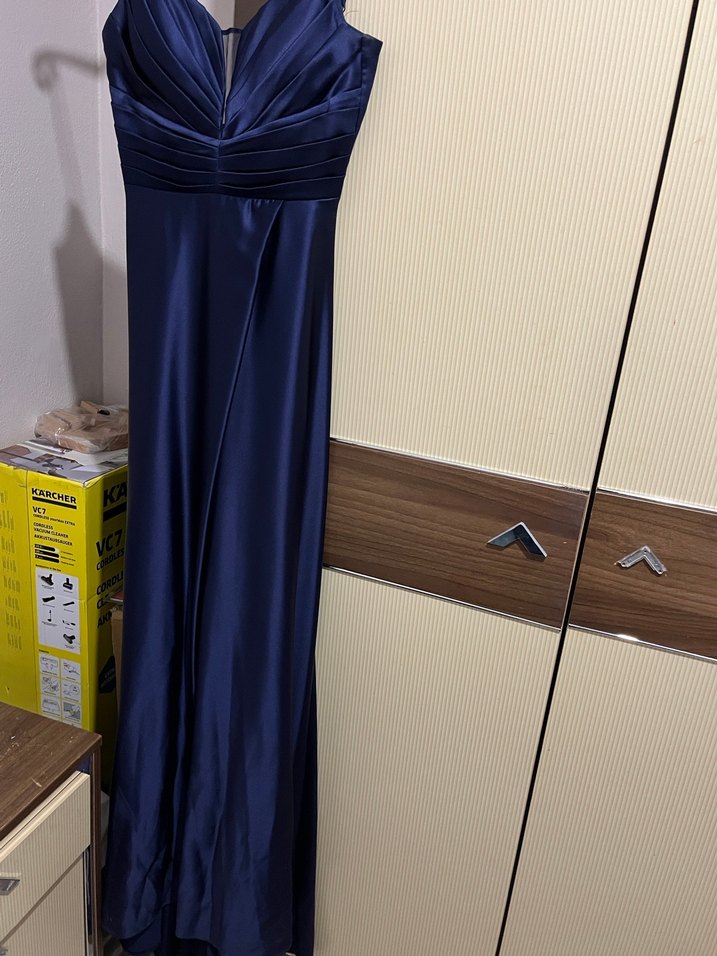 Lacivert Drapeli İnce Askılı Uzun Abiye - Görsel 3