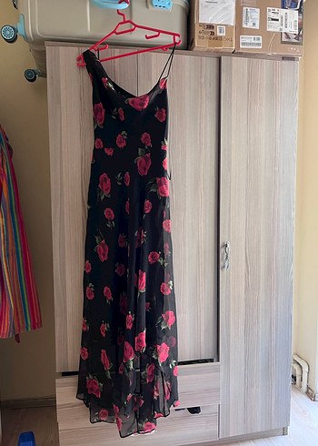 MANGO Çiçek Desenli Siyah-Pembe Uzun Elbise - Görsel 2