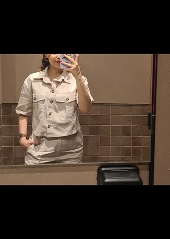 Bej Keten Düğmeli Kadın Alt Üst Takım - Görsel 2