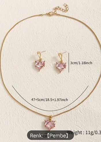 Pembe Mini Kalp Taşlı Kolye Seti - Görsel 3
