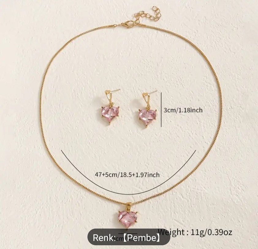 Pembe Mini Kalp Taşlı Kolye Seti - Görsel 3