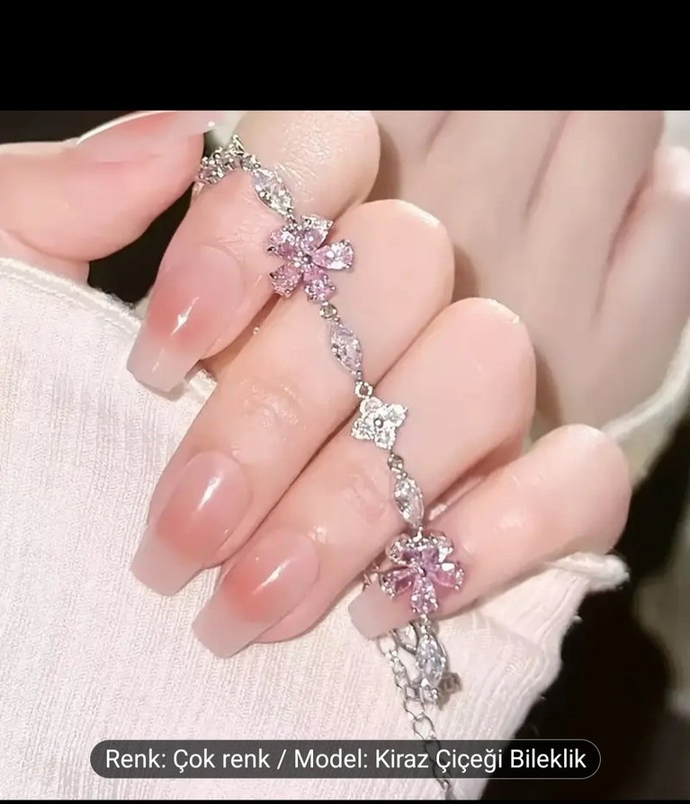 Pembe Çiçekli Zincir Detaylı Kadın Bileklik - Görsel 2