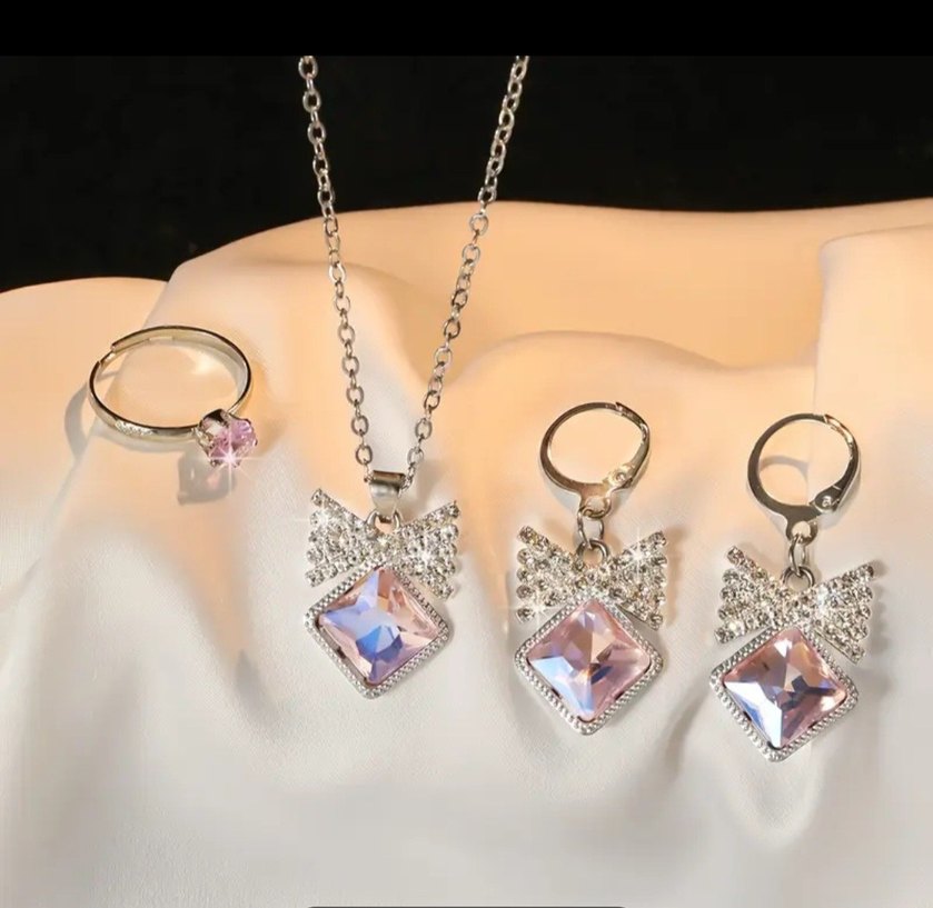 Pembe Kurdele Takı Seti Kolye Küpe Yüzük - Görsel 2