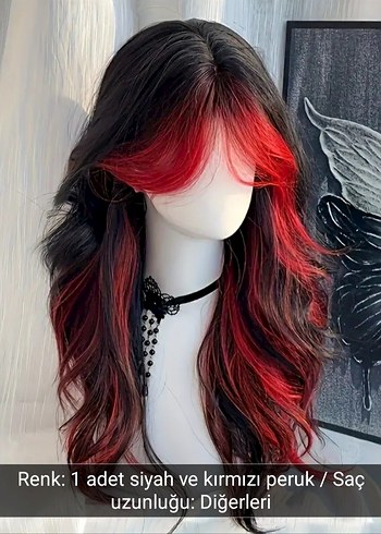 Kırmızı Detaylı Siyah Gotik Peruk - Görsel 3