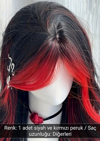 Kırmızı Detaylı Siyah Gotik Peruk - Görsel 2