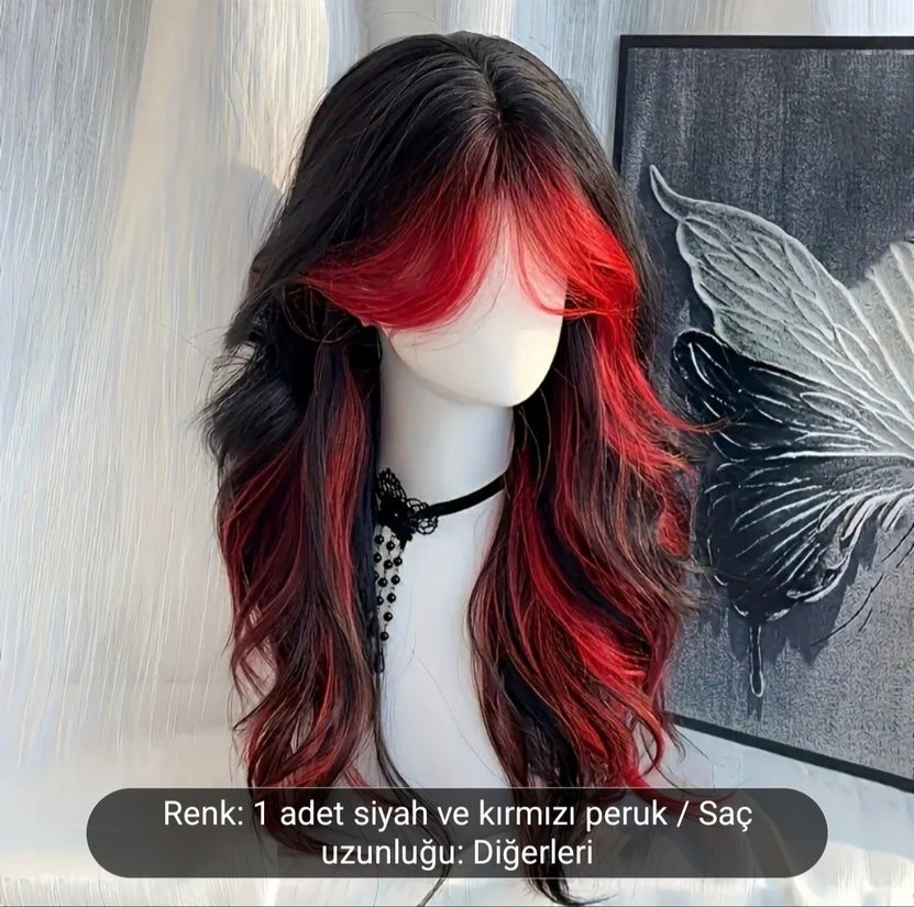 Kırmızı Detaylı Siyah Gotik Peruk - Görsel 3