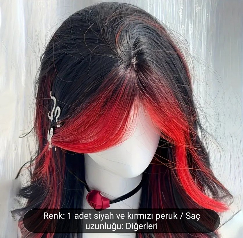 Kırmızı Detaylı Siyah Gotik Peruk - Görsel 2