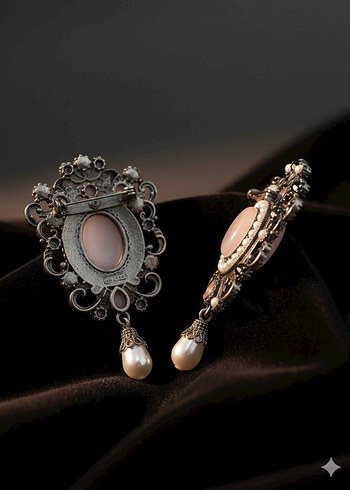 İnci Detaylı Pembe Gotik Broş - Görsel 2