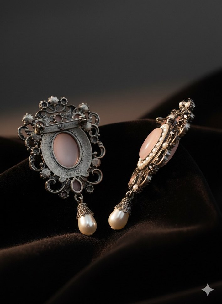 İnci Detaylı Pembe Gotik Broş - Görsel 2