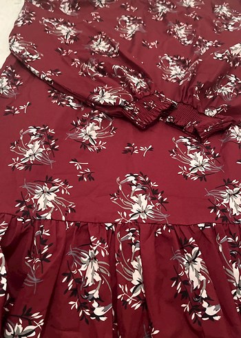 Bordo Desenli Uzun Kollu  eteği fırfırlı elbise - Görsel 2