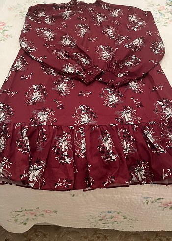 Bordo Desenli Uzun Kollu  eteği fırfırlı elbise - Görsel 3