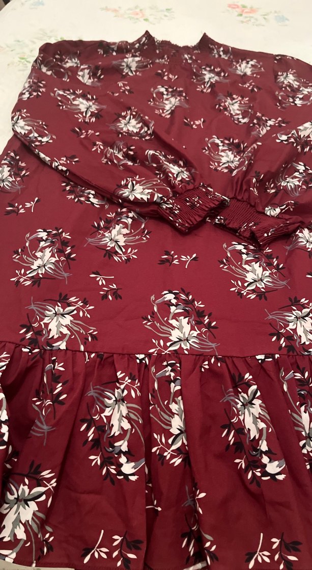 Bordo Desenli Uzun Kollu  eteği fırfırlı elbise - Görsel 2