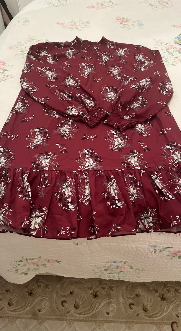 Bordo Desenli Uzun Kollu  eteği fırfırlı elbise - Görsel 3