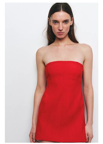 Zara ZARA STRAPLEZ KIRMIZI ELBİSE