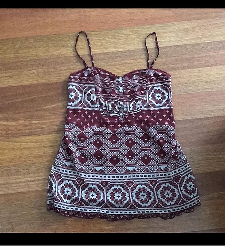 Bordo Etnik Desen Askılı Bluz