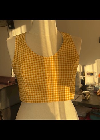 Sarı Kareli Düğmeli Midi Büstiyer - Görsel 2