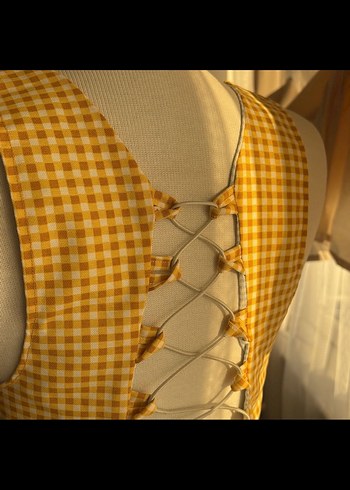 Sarı Kareli Düğmeli Midi Büstiyer - Görsel 4