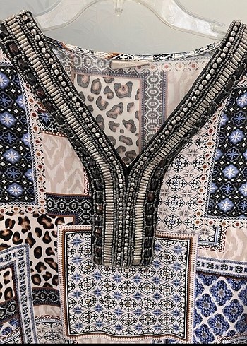 Vena Boncuk İşlemeli Bohem Desenli Uzun Kollu Bluz