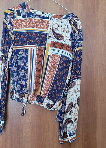 Etnik desenli uzun kollu crop bluz