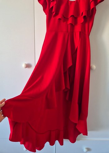 Kırmızı Volanlı Uzun Kadın Elbise - Görsel 2