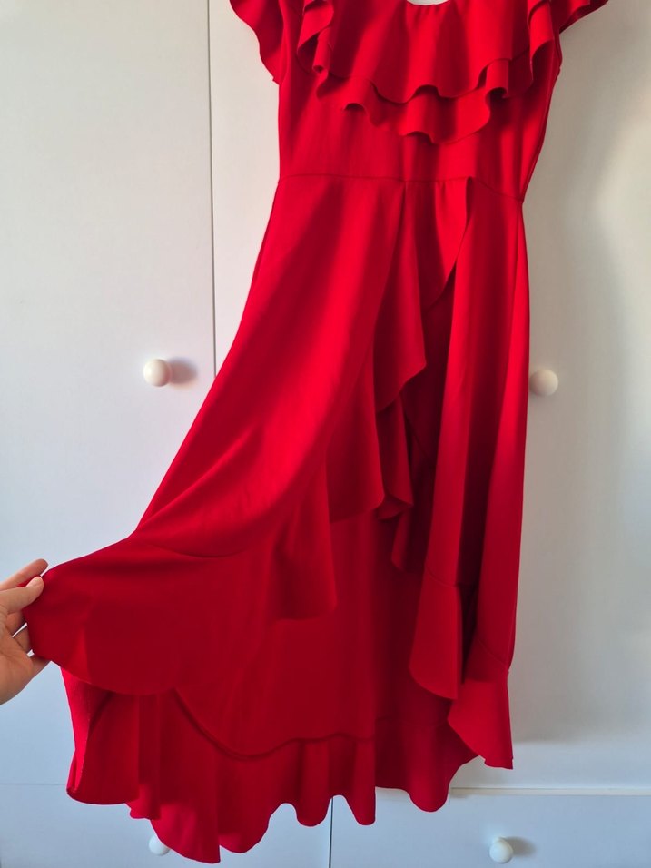 Kırmızı Volanlı Uzun Kadın Elbise - Görsel 2